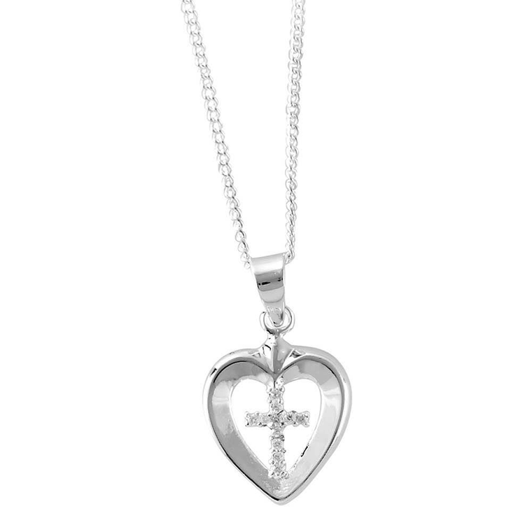 Silver Plated Heart Cross With Stones Necklace - 603799222259