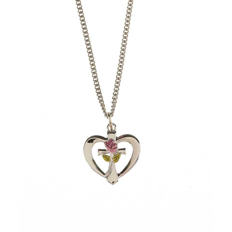 Silver Plated Heart Cross With Rose Necklace - 714611177968