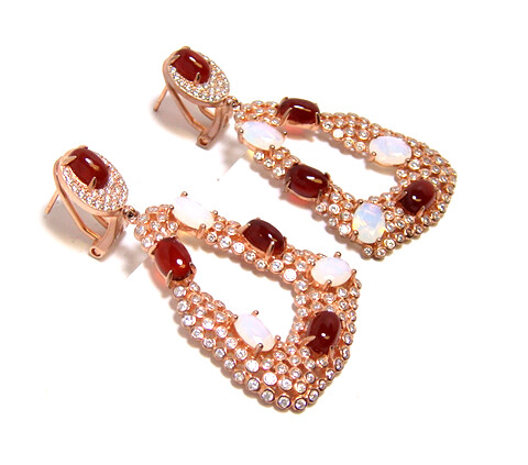 Red Agate, created Opal Simulated Diamond Bezel Set Drop Earrings , 925 Sterling Silver, Rose Gold - 000354896960