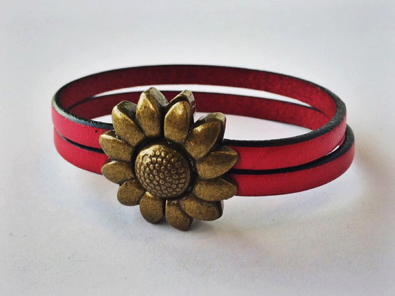 Silver/Brass Flower Leather Bracelet - 000854125441