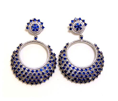 Sapphire(Simulated) Circle-Style Drop Earrings in Sterling Silver, Platinum - 000354897003