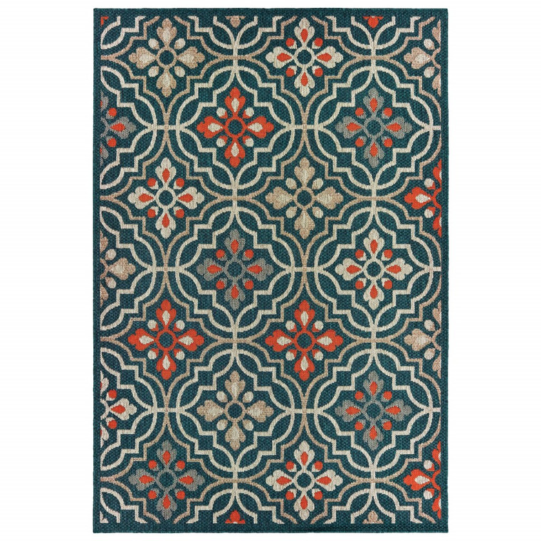 10'x13' Blue Orange Floral Lattice Indoor Outdoor Area Rug - 4512822861623
