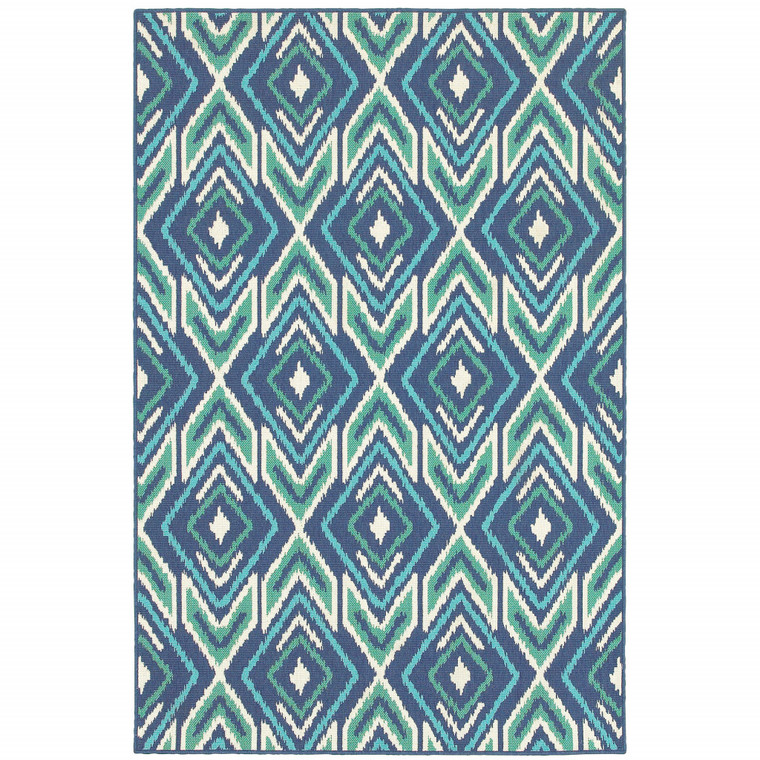 4' X 6' Blue and Ivory Geometric Stain Resistant Indoor Outdoor Area Rug - Blue, Ivory