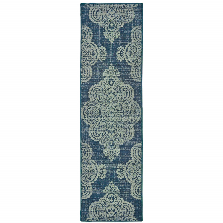 2' X 8' Navy Oriental Stain Resistant Indoor Outdoor Area Rug - 606114582489