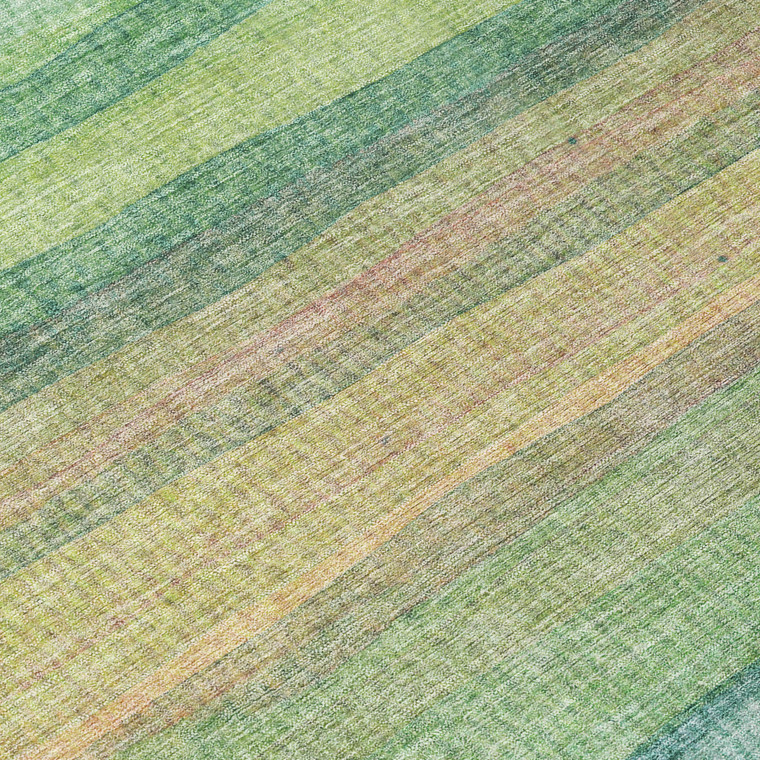 9' X 12' Artichoke Green Peach And Teal Blue Striped Washable Indoor Outdoor Area Rug