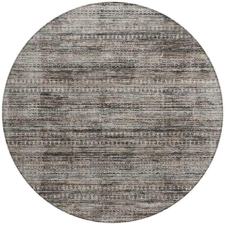 8' Taupe And Ivory Round Striped Washable Indoor Outdoor Area Rug - 880016409635