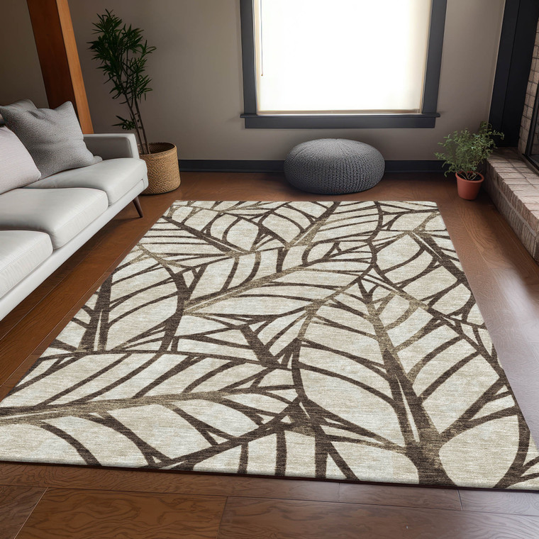 8' X 10' Chocolate And Beige Floral Washable Indoor Outdoor Area Rug
