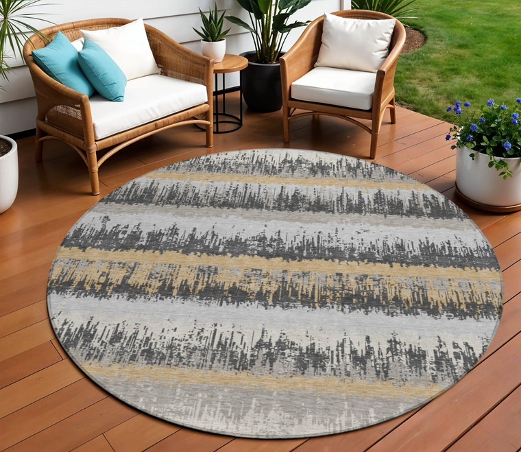 8' Gray Brown And Beige Round Striped Washable Indoor Outdoor Area Rug