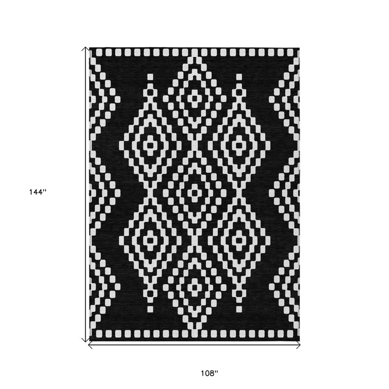 9' X 12' Black And Ivory Geometric Washable Indoor Outdoor Area Rug Transitional Style - Black, Ivory Color