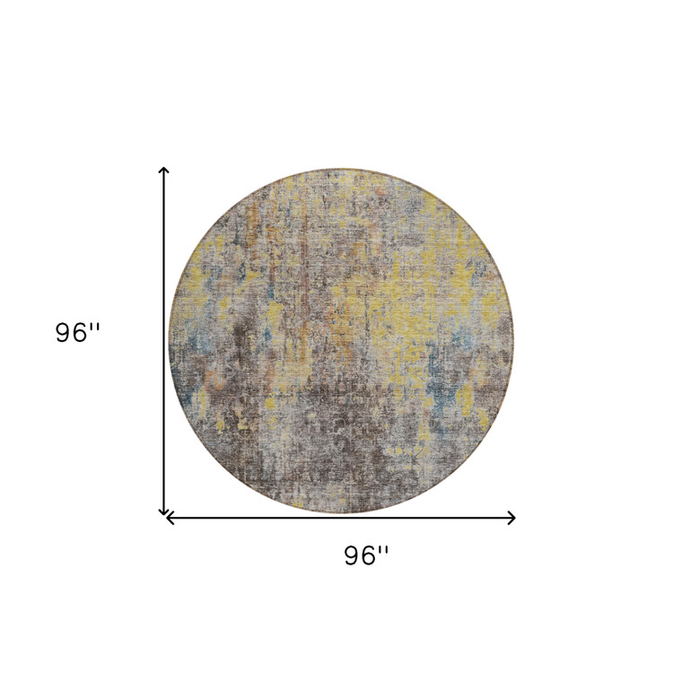 8' Brown And Gold Round Abstract Washable Indoor Outdoor Area Rug