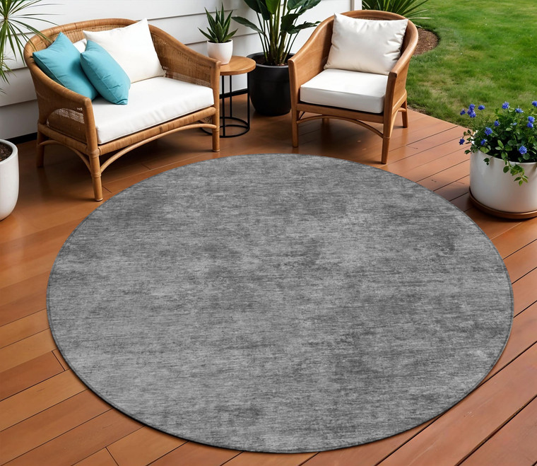 8' Gray And Smoky Black Round Abstract Washable Indoor Outdoor Area Rug - Gray, Smoky Black