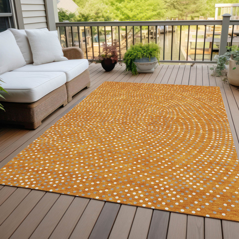 10' X 14' Orange Gray And Ivory Polka Dot Washable Indoor Outdoor Area Rug