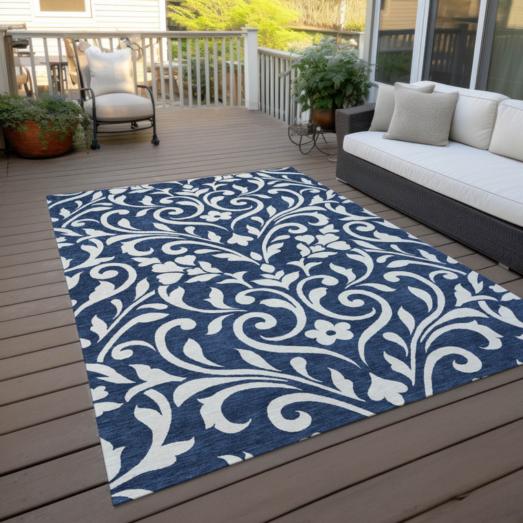 10' X 14' Navy Blue And Ivory Floral Washable Indoor Outdoor Area Rug