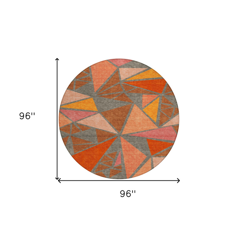 8' Rust Gray And Pink Round Geometric Washable Indoor Outdoor Area Rug