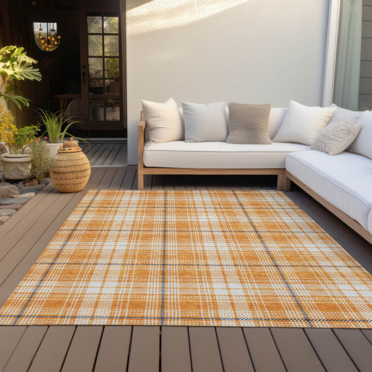 9' X 12' Orange Blue And Ivory Plaid Washable Indoor Outdoor Area Rug