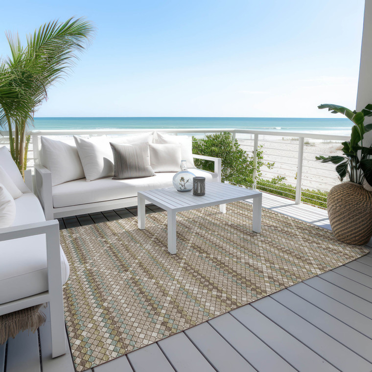 9' X 12' Taupe And Brown Geometric Washable Indoor Outdoor Area Rug - Taupe, Brown