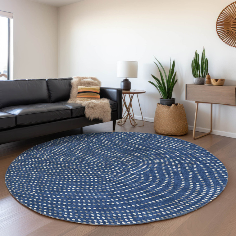 8' Navy Blue Gray And Ivory Round Polka Dot Washable Indoor Outdoor Area Rug
