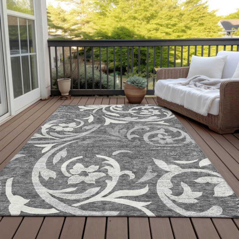 10' X 14' Charcoal Silver And Gray Floral Washable Indoor Outdoor Area Rug
