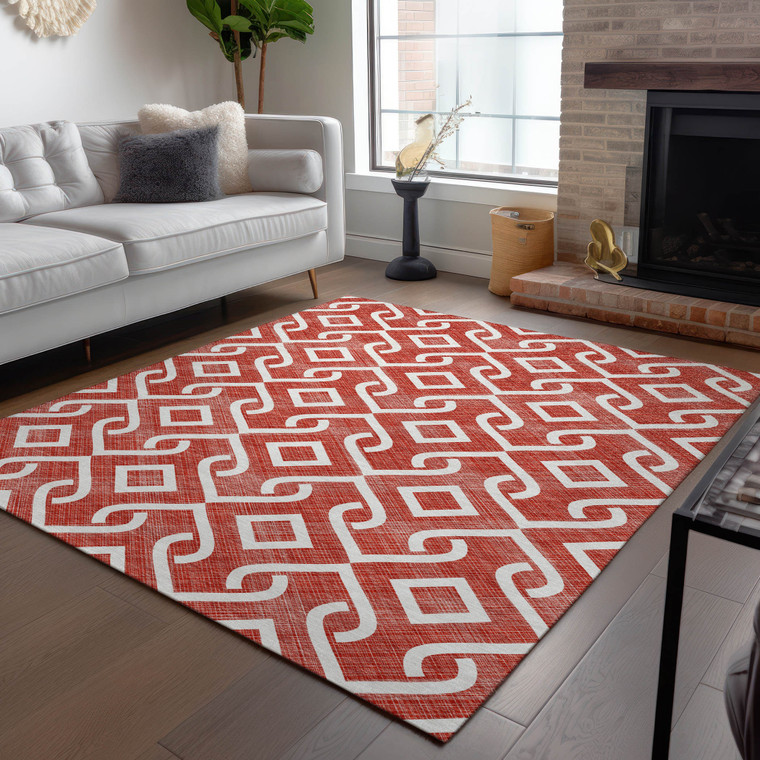 8' X 10' Red And Ivory Geometric Washable Indoor Outdoor Area Rug - Red, Ivory