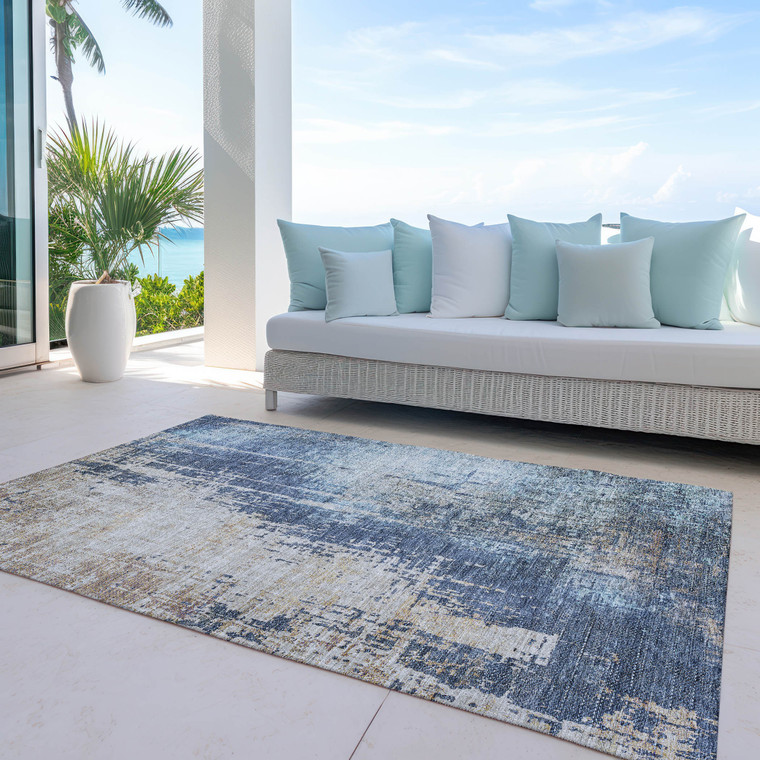 8' X 10' Navy Blue And Taupe Abstract Washable Indoor Outdoor Area Rug