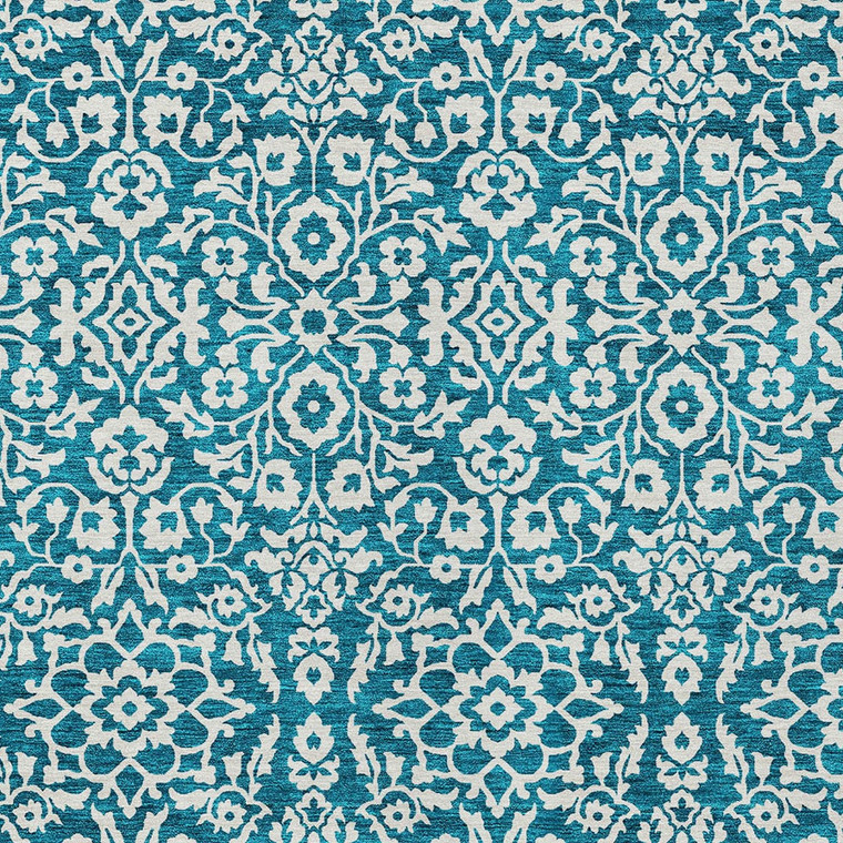 8' X 10' Teal Blue And Ivory Damask Washable Indoor Outdoor Area Rug