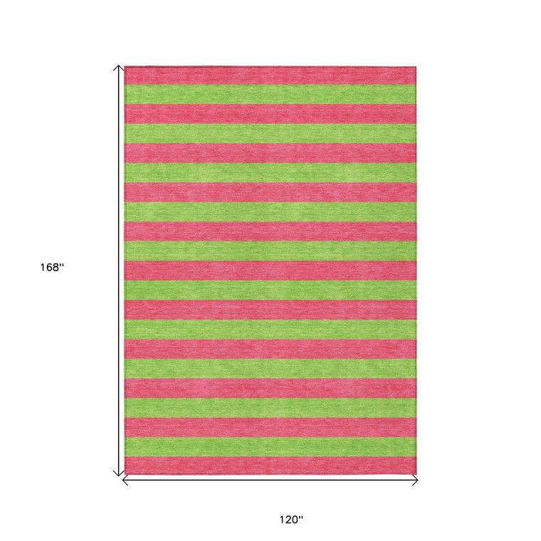 10' X 14' Green and Red Striped Washable Non Skid Indoor Outdoor Area Rug