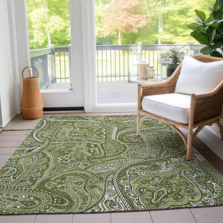 8' X 10' Artichoke Green And Olive Green Paisley Washable Indoor Outdoor Area Rug