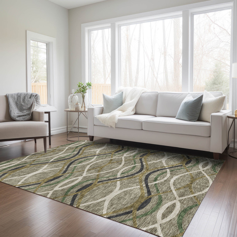 10' X 14' Taupe Beige And Charcoal Abstract Washable Indoor Outdoor Area Rug