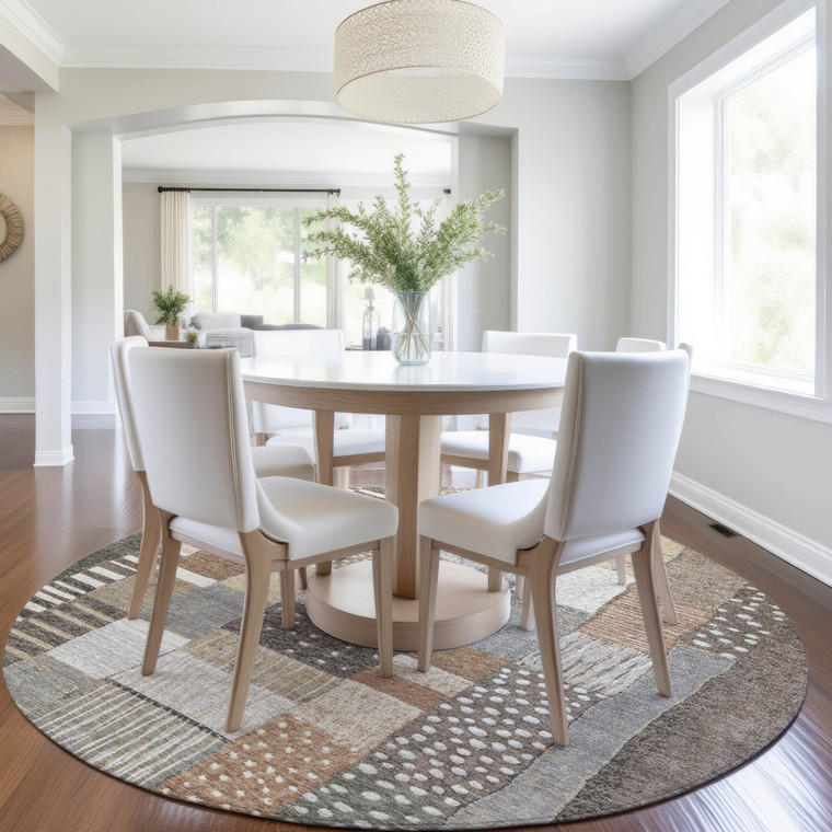 8' Brown Ivory And Gray Round Geometric Washable Indoor Outdoor Area Rug