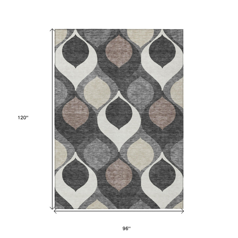 8' X 10' Gray Beige And Taupe Ogee Washable Indoor Outdoor Area Rug