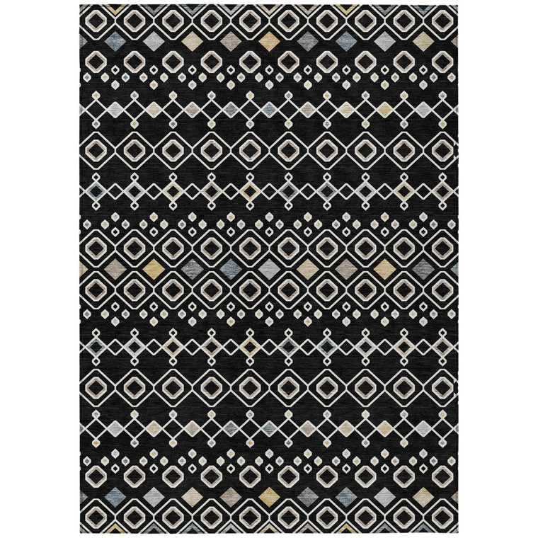 9' X 12' Black Ivory And Blue Geometric Washable Indoor Outdoor Area Rug
