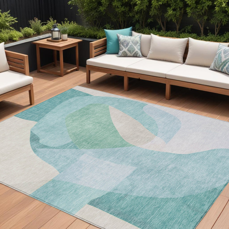 9' X 12' Pale Aqua And Beige Abstract Washable Indoor Outdoor Area Rug - Pale Aqua, Beige