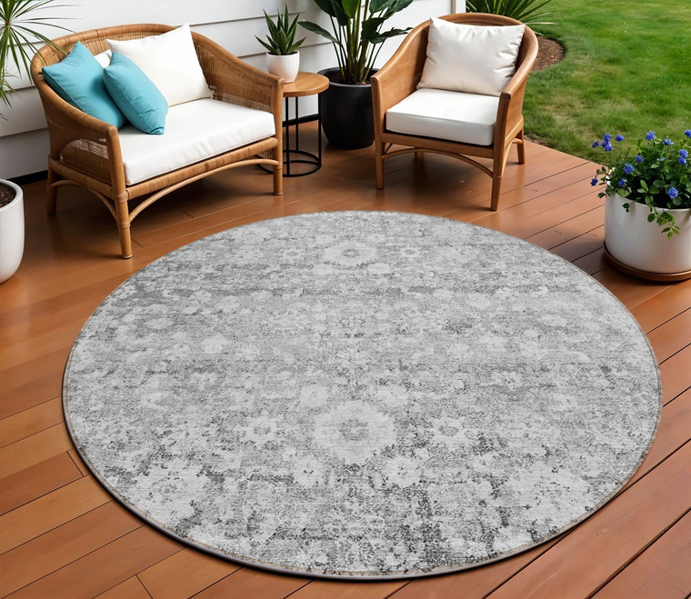 8' Silver Gray And Pewter Round Oriental Washable Indoor Outdoor Area Rug