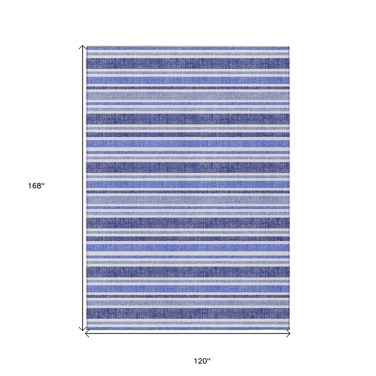 10' X 14' Blue Striped Washable Non Skid Indoor Outdoor Area Rug - 608219270544