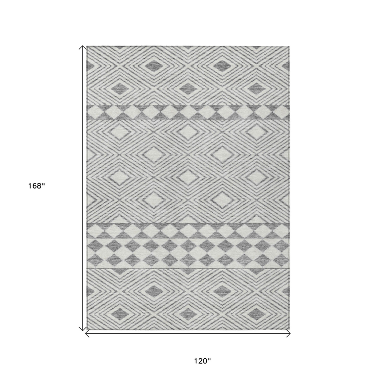 10' X 14' Gray And Ivory Geometric Washable Indoor Outdoor Area Rug