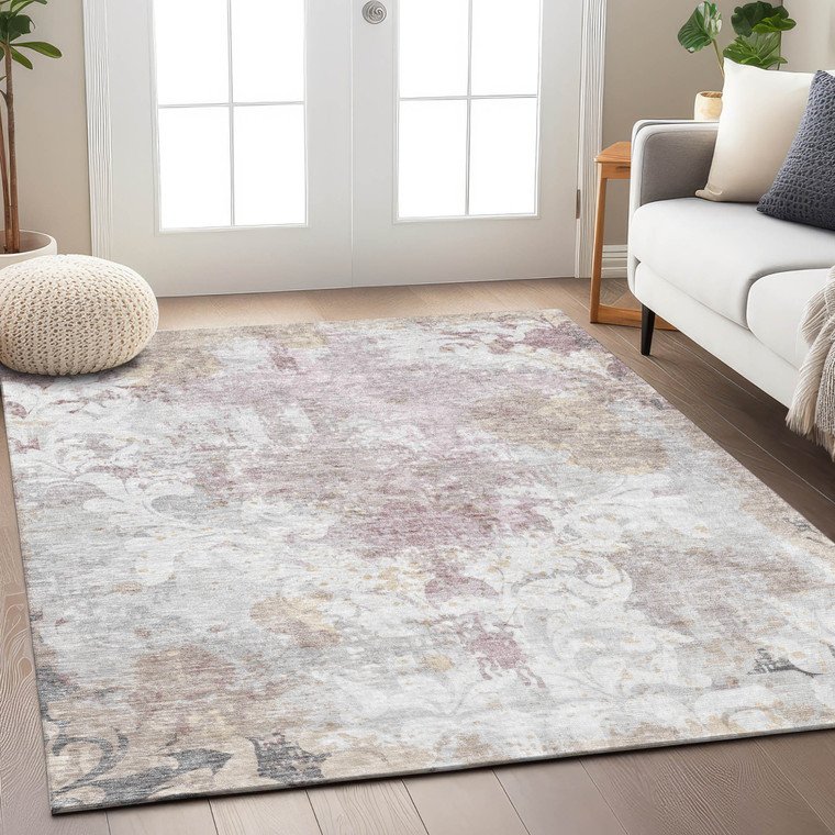 10' X 14' Ivory Light Purple And Gray Damask Washable Indoor Outdoor Area Rug