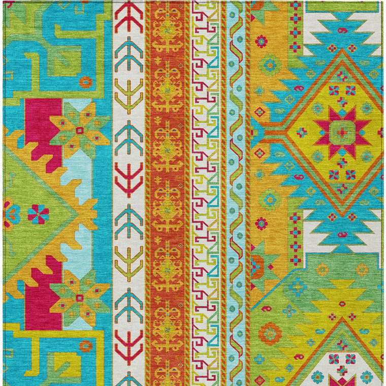 10' X 14' Teal Blue Green And Pink Aztec Washable Indoor Outdoor Area Rug