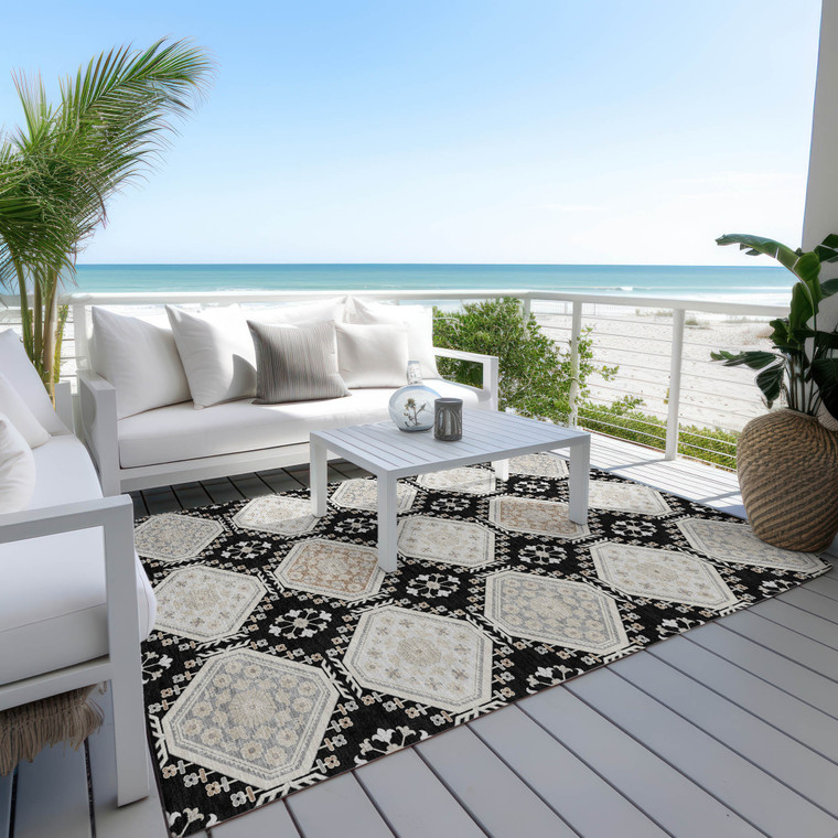 10' X 14' Black And Silver Floral Washable Indoor Outdoor Area Rug