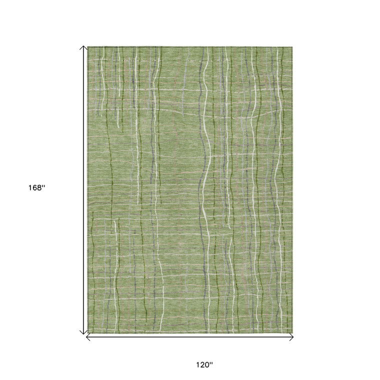 10' X 14' Green Ivory And Gray Striped Washable Indoor Outdoor Area Rug