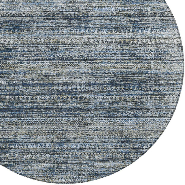 8' Denim Blue And Ivory Round Striped Washable Indoor Outdoor Area Rug - Denim Blue, Ivory