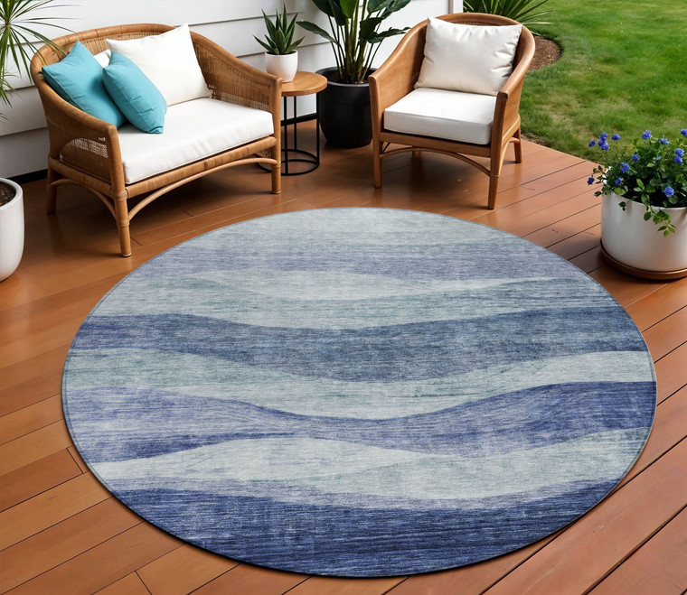 8' Light Blue And Dark Blue Round Abstract Washable Indoor Outdoor Area Rug