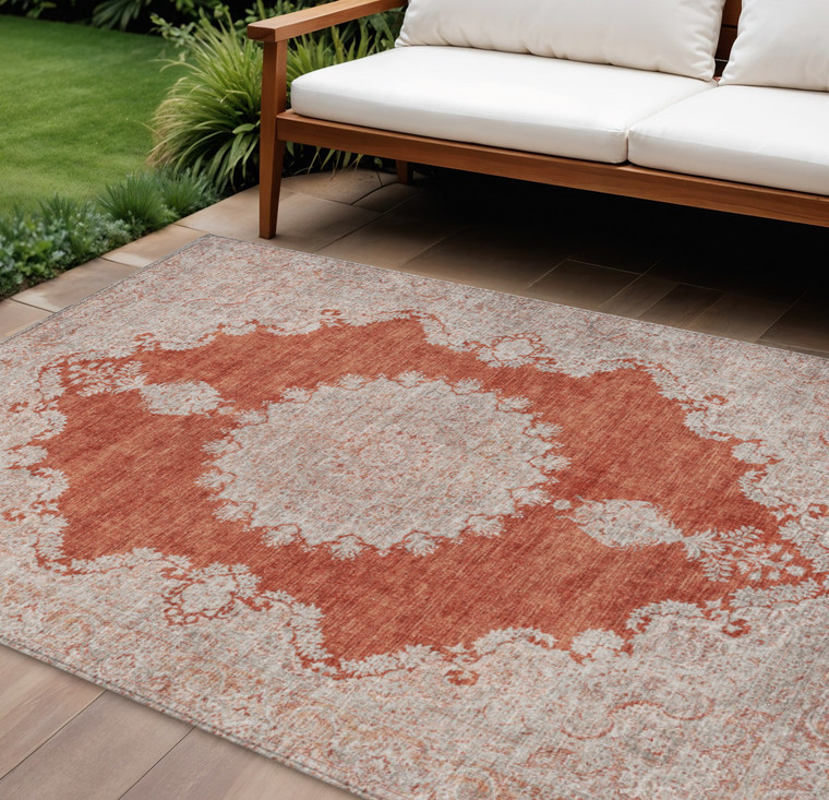 9' X 12' Rust And Beige Oriental Washable Indoor Outdoor Area Rug