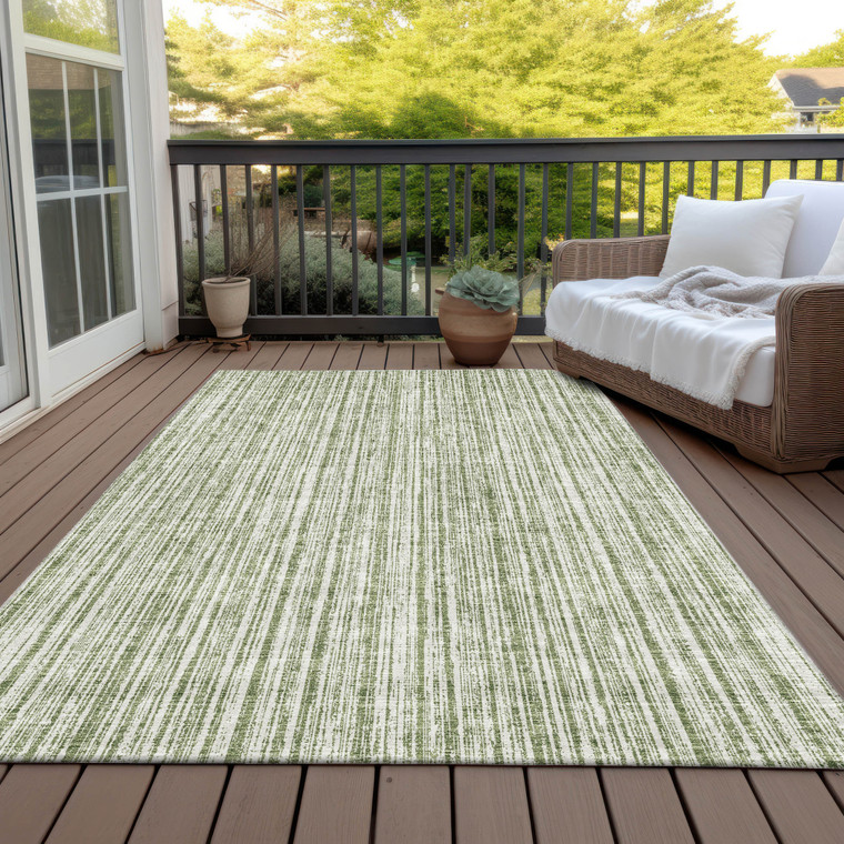 9' X 12' Green And Ivory Striped Washable Indoor Outdoor Area Rug Transitional Style - Green, Ivory Color