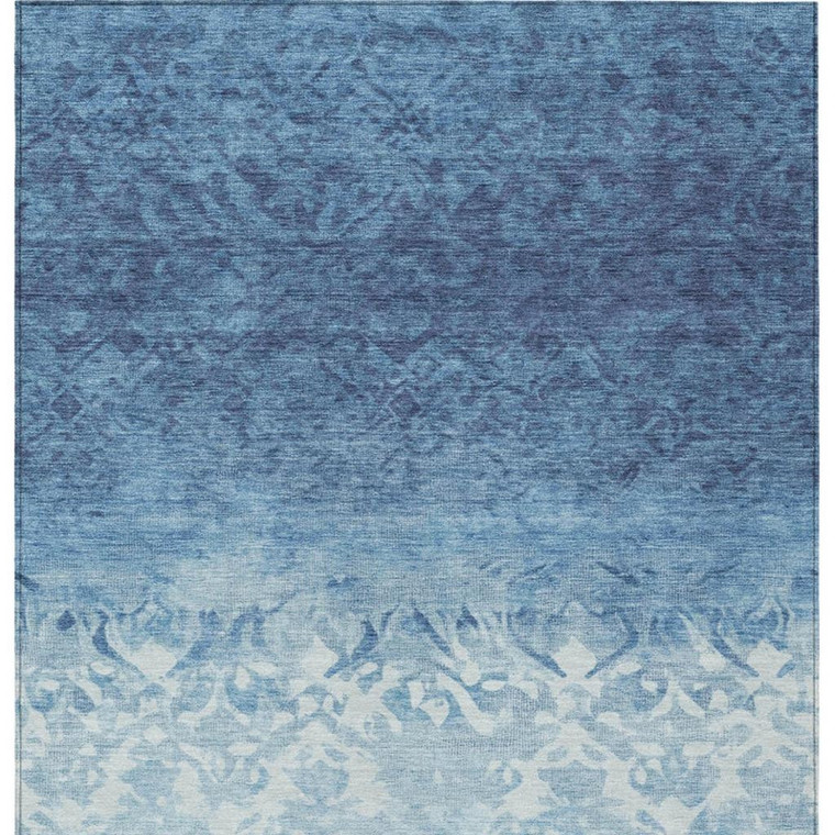 8' X 10' Denim Blue And Ivory Damask Washable Indoor Outdoor Area Rug - Denim Blue, Ivory