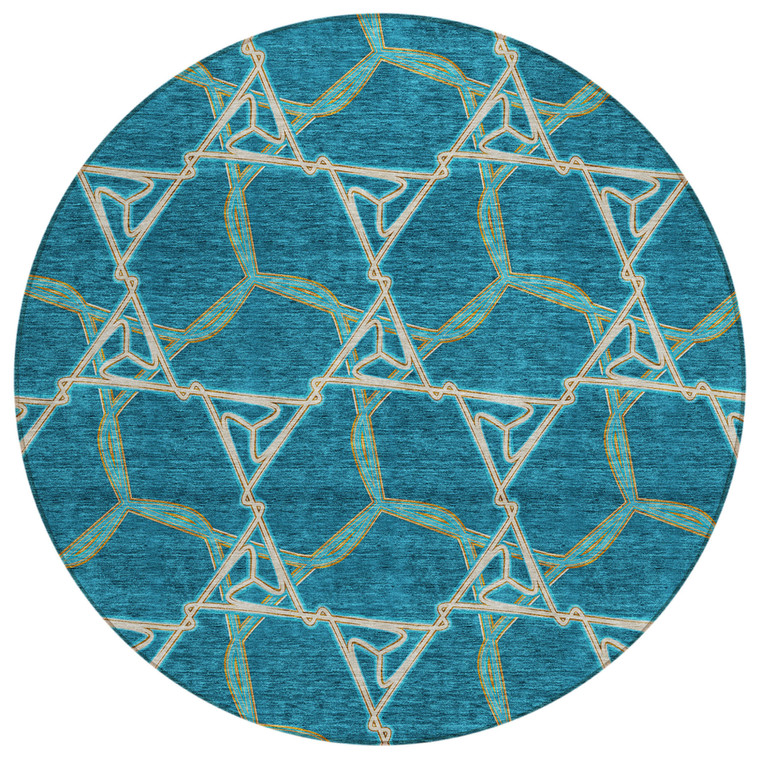 8' Teal Blue And Beige Round Geometric Washable Indoor Outdoor Area Rug