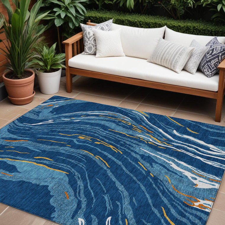 9' X 12' Navy Blue Gold And Copper Abstract Washable Indoor Outdoor Area Rug