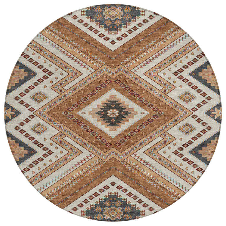 8' Copper Brown And Beige Round Tribal Washable Indoor Outdoor Area Rug
