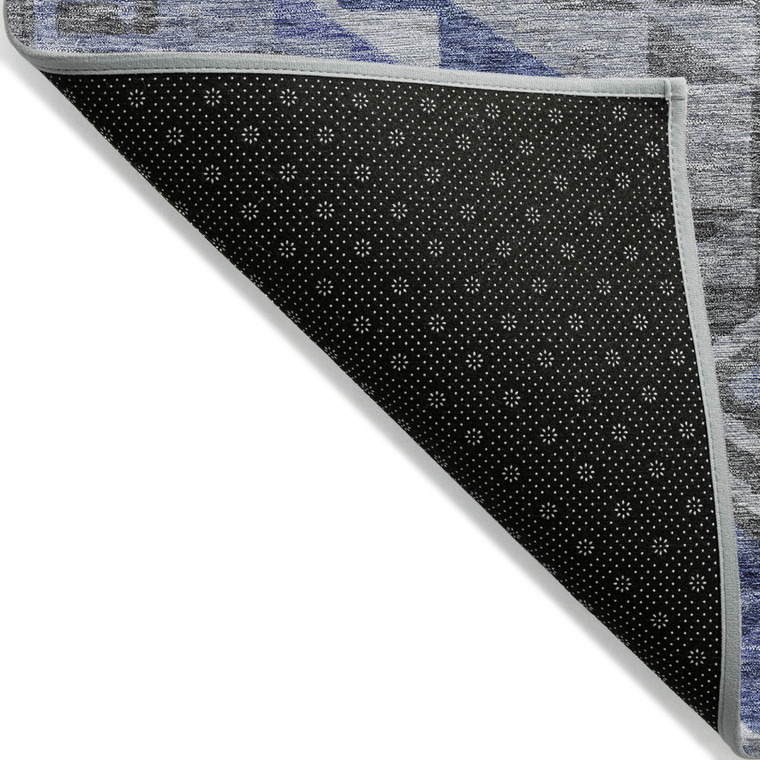 8' Pewter And Blue Round Southwestern Washable Indoor Outdoor Area Rug