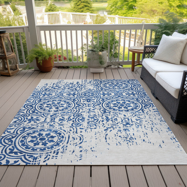 10' X 14' Navy Blue And Ivory Medallion Washable Indoor Outdoor Area Rug