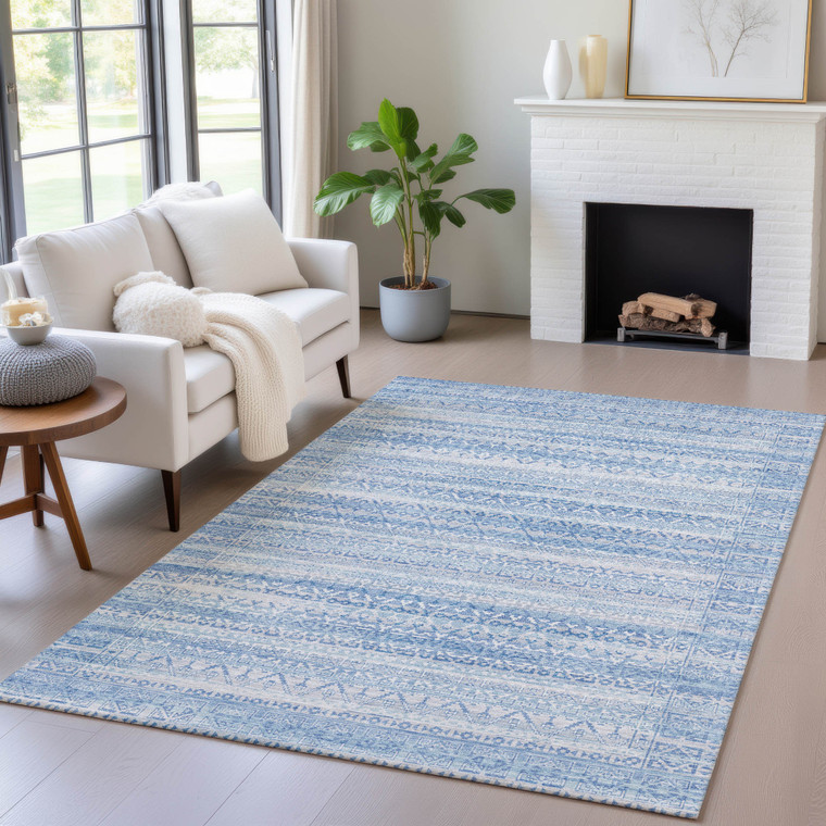 9' X 12' Sky Blue And Ivory Striped Washable Indoor Outdoor Area Rug - Sky Blue, Ivory